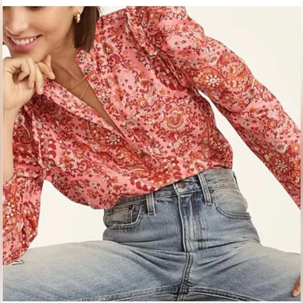 J. Crew Puff-sleeve paisley Ruffle neck Pink Red Boho Blouse Size XL